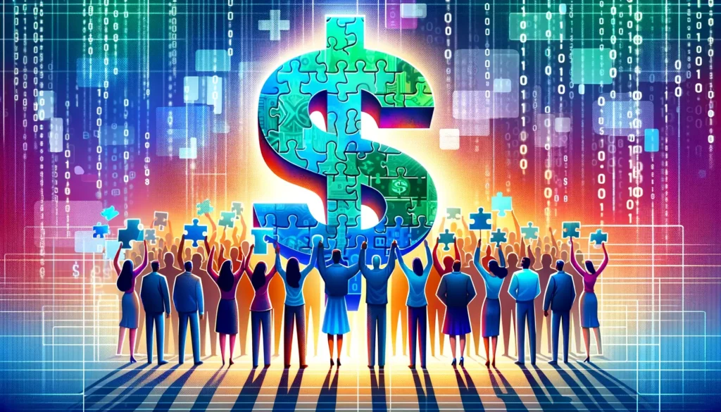 Diverse people holding puzzle pieces forming a dollar symbol on digital background