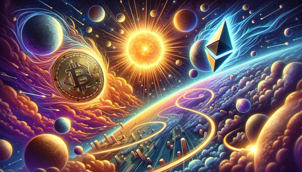 Surreal depiction of Bitcoin and Ethereum as celestial bodies in the crypto universe