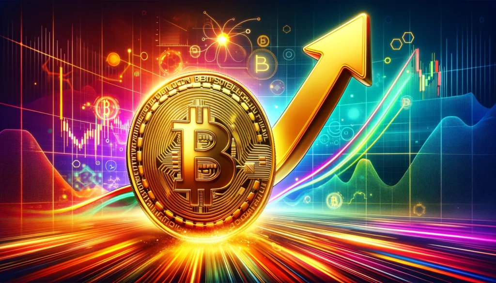 Golden Bitcoin coin rising in a vibrant digital bull market