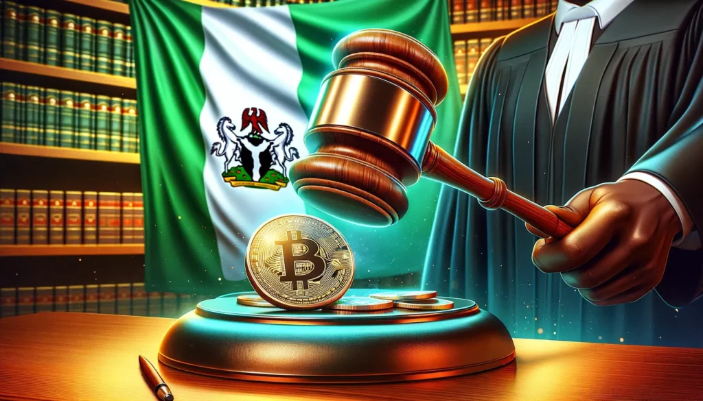 Gavel striking cryptocurrency coin symbolizing legal action against Binance in Nigeria