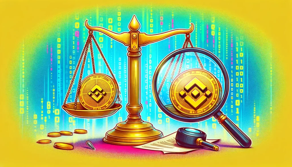 Golden scale with Binance coin and magnifying glass on blockchain background