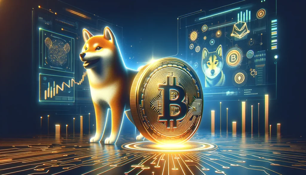 Image with crypto coin and dog Shiba Inu on the background