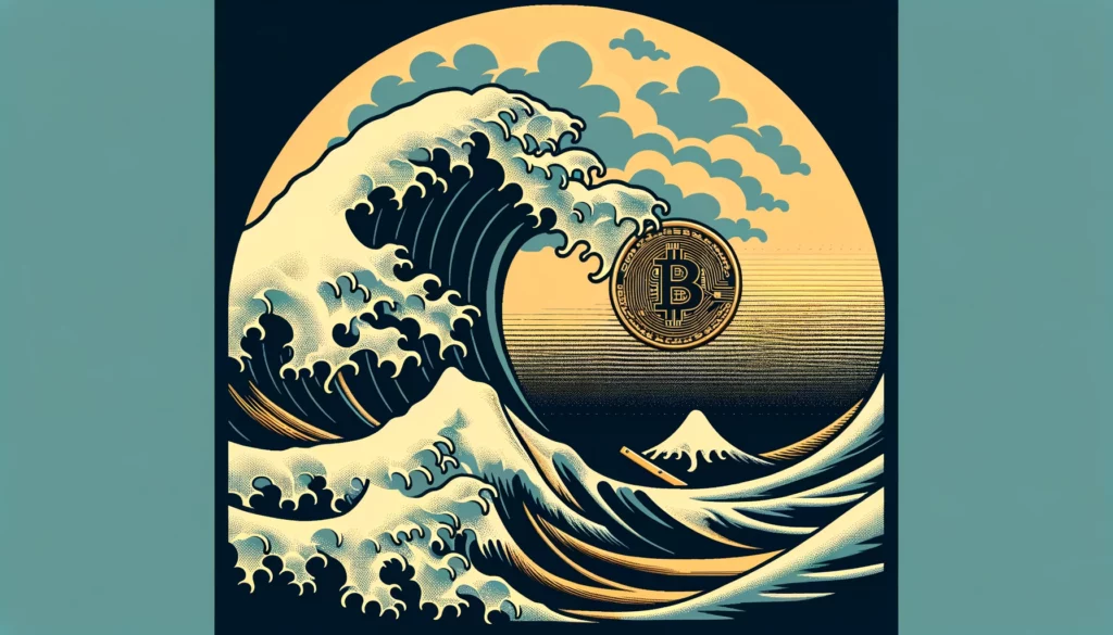 Minimalist Bitcoin in stormy seas representing market volatility in Japanese woodblock style.