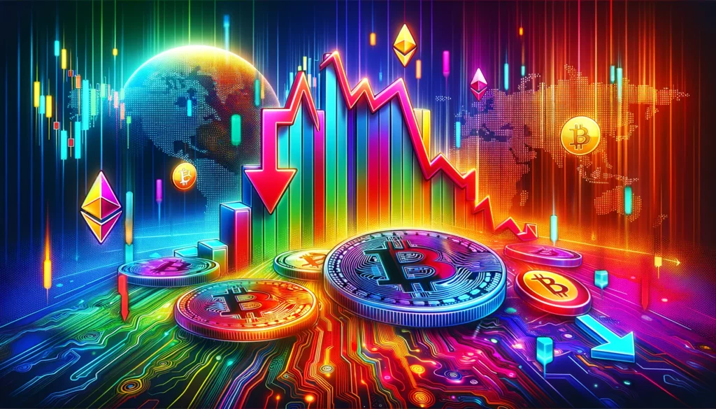 Abstract cryptocurrency market crash representation with colorful downward trends.