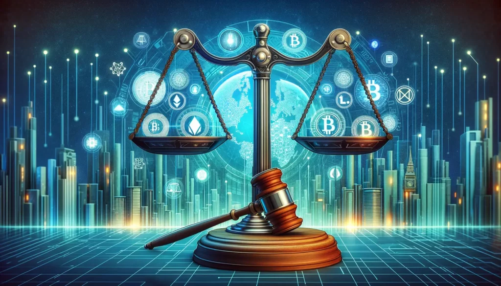 Digital scales of justice with cryptocurrency symbols and gavel against futuristic cityscape