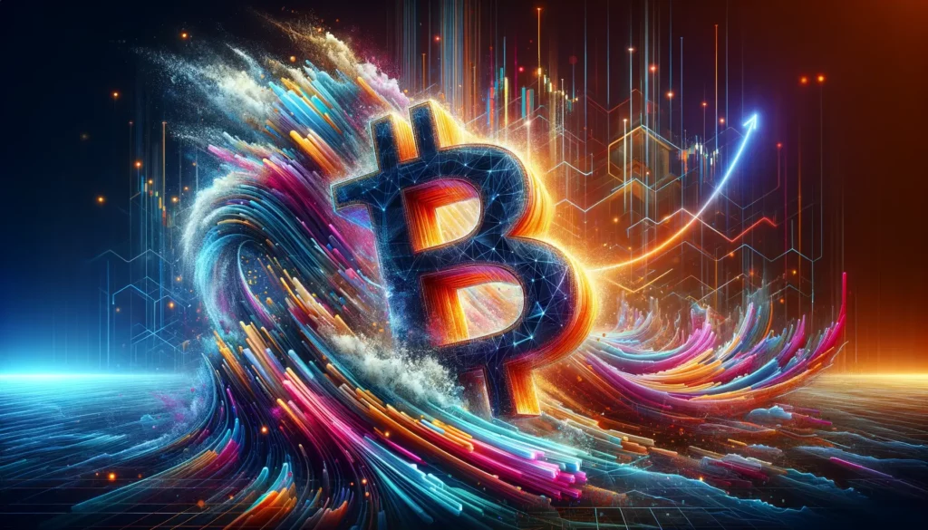 Abstract digital surge representing NodeMonkes' explosive growth in Bitcoin NFT market