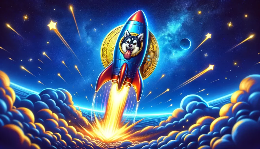 Cartoonish rocket with Floki Inu coin soaring through starry sky symbolizing cryptocurrency surge