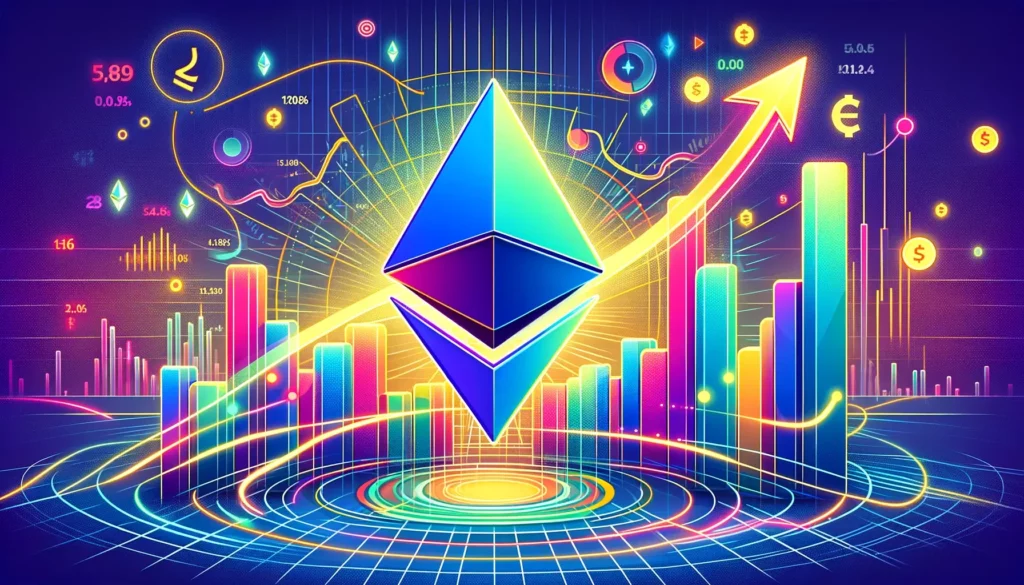 Abstract colorful Ethereum logo with upward financial trends