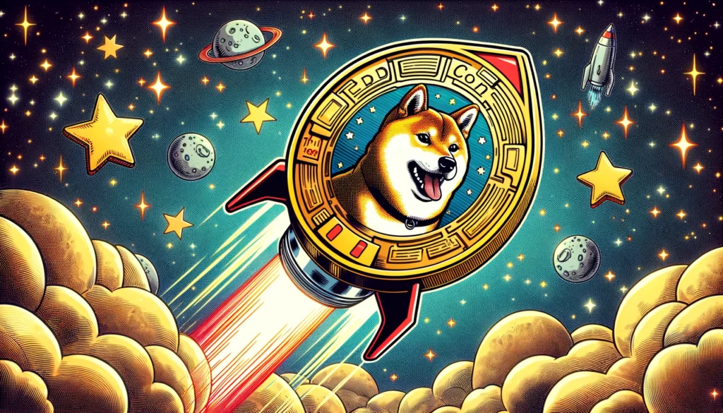 Vintage comic book illustration of Shiba Inu coin soaring through space