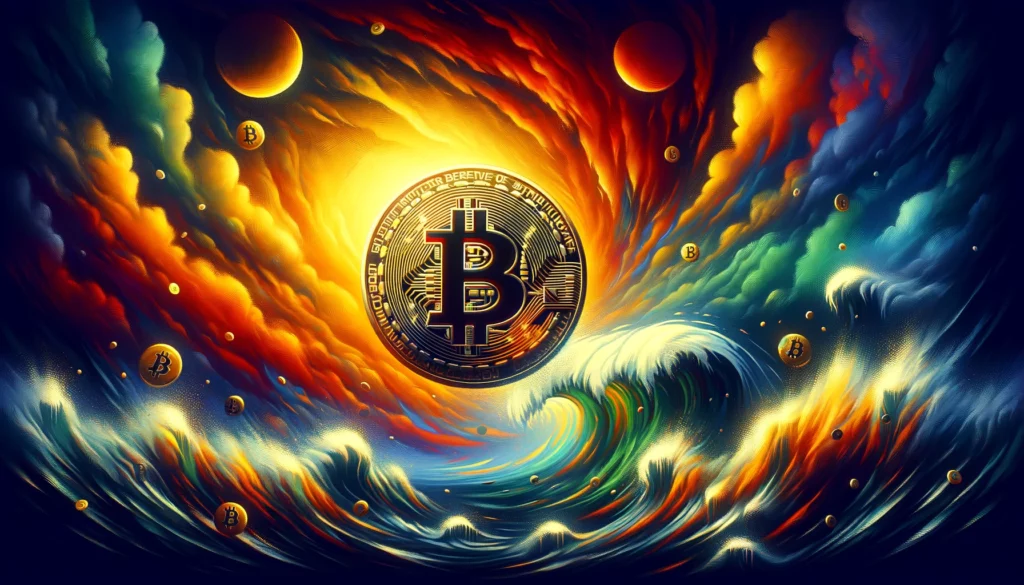 A futuristic image of bitcoin amidst the waves of the sea