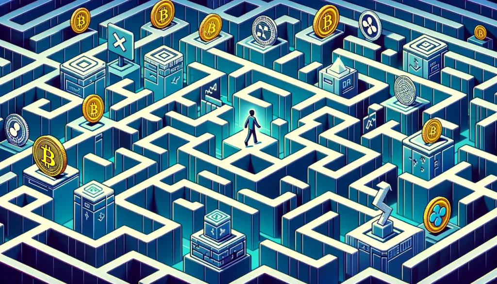 Investor navigating through crypto maze in pixel art style