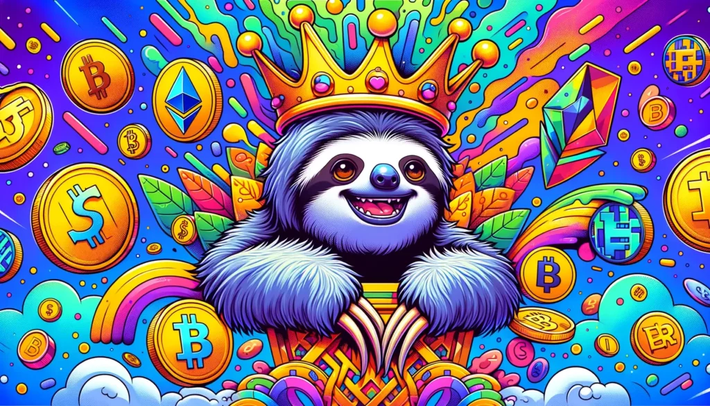 Cartoonish sloth wearing a crown surrounded by digital currency symbols