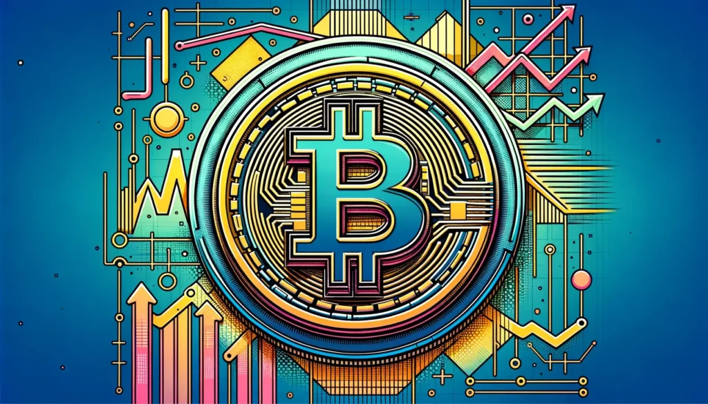 Pop art style image of a cryptocurrency coin with market trend dynamics.