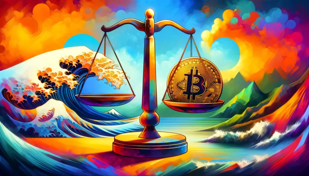 Abstract expressionism-style image of Bitcoin balance with volatility and stability.