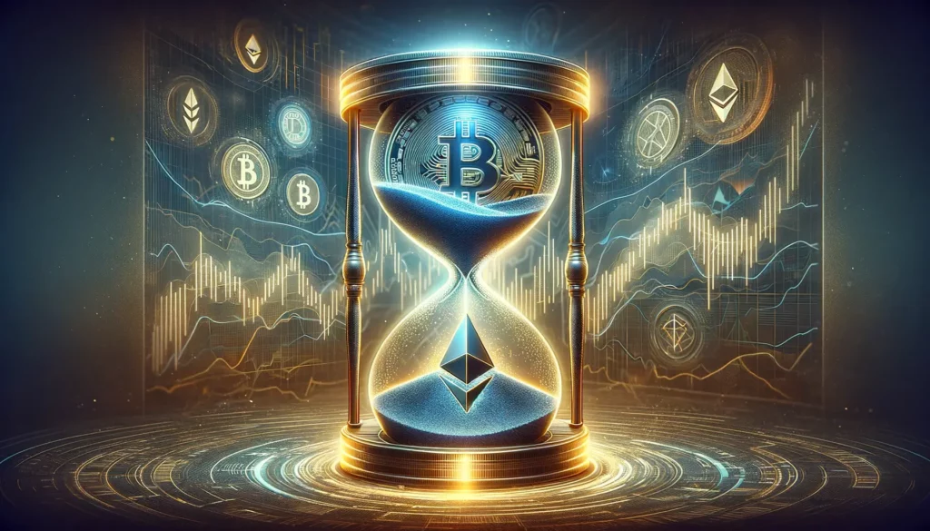 Abstract hourglass with Bitcoin and Ethereum symbols indicating crypto options expiry