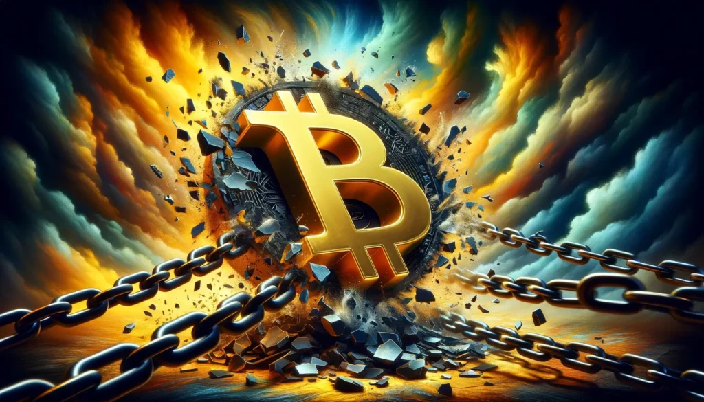 Conceptual art of a golden Bitcoin breaking free from chains, symbolizing financial liberation.