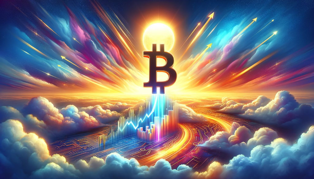 Bitcoin logo ascending above clouds towards a glowing sun symbolizing market growth