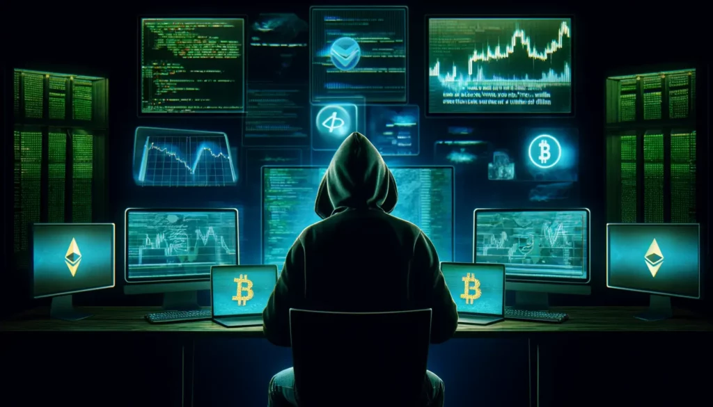 Illustration of a hacker orchestrating a cryptojacking scam
