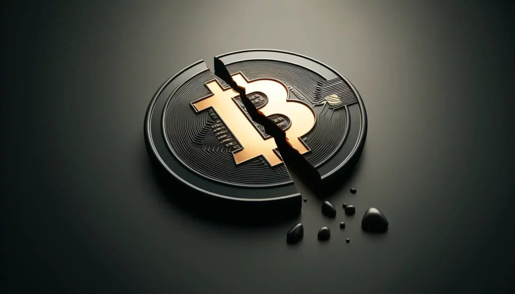 Minimalist depiction of a cracked Bitcoin symbolizing market fragility