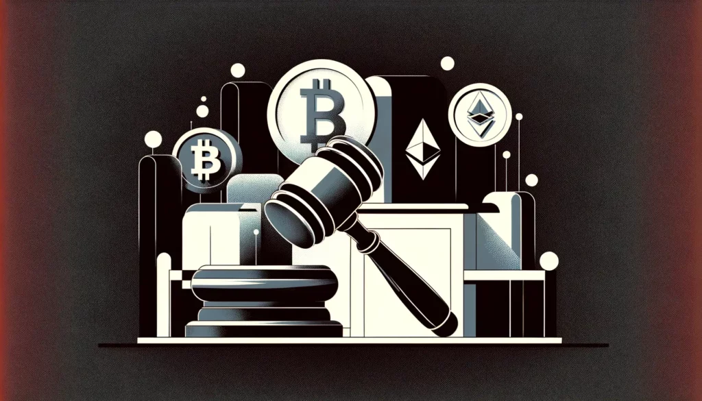Stylized courtroom with digital currency symbols in minimalist style