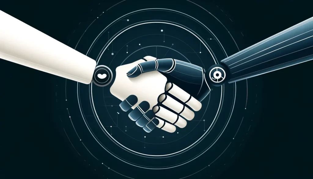 Minimalist handshake between humanoid robot and human symbolizing LBBW and Bitpanda partnership