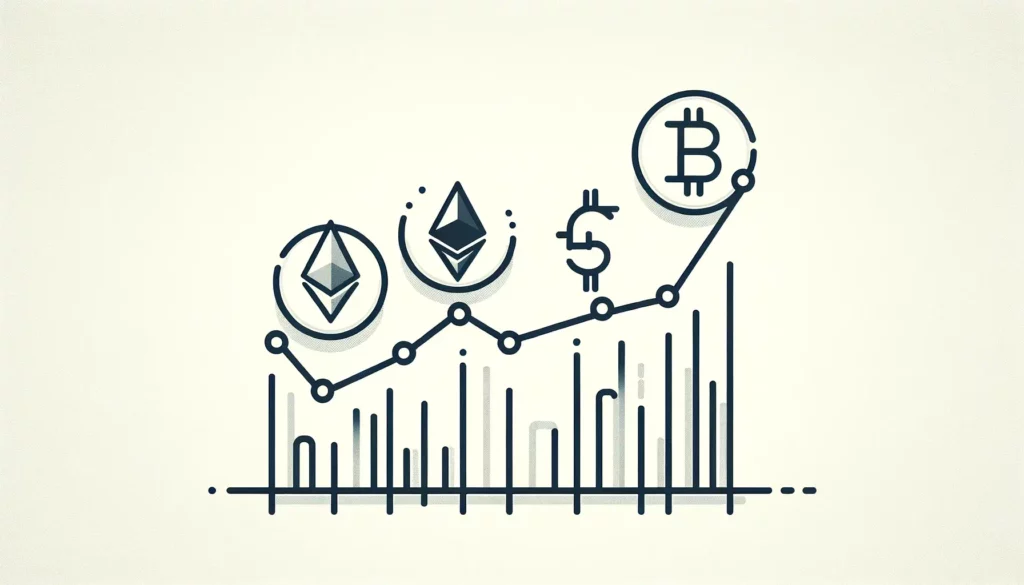 Minimalist graphic of Bitcoin and Ethereum on a fluctuating graph