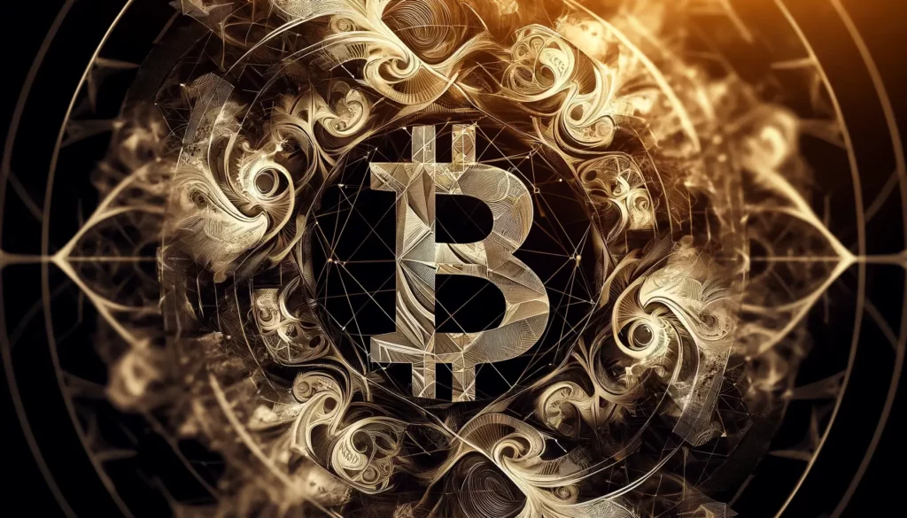Abstract geometric and fractal design symbolizing Bitcoin's intricate beauty in gold and black