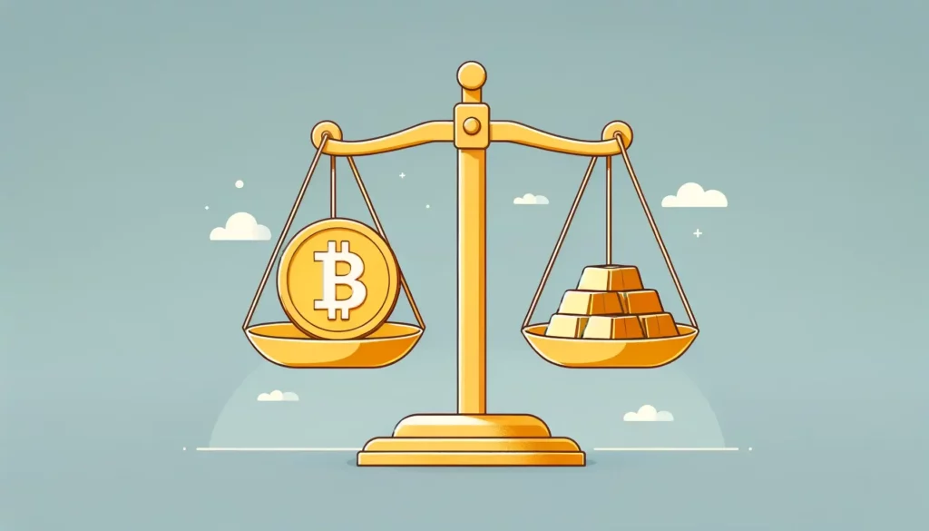 Minimalist illustration of a scale comparing Bitcoin and gold, tipping towards Bitcoin.