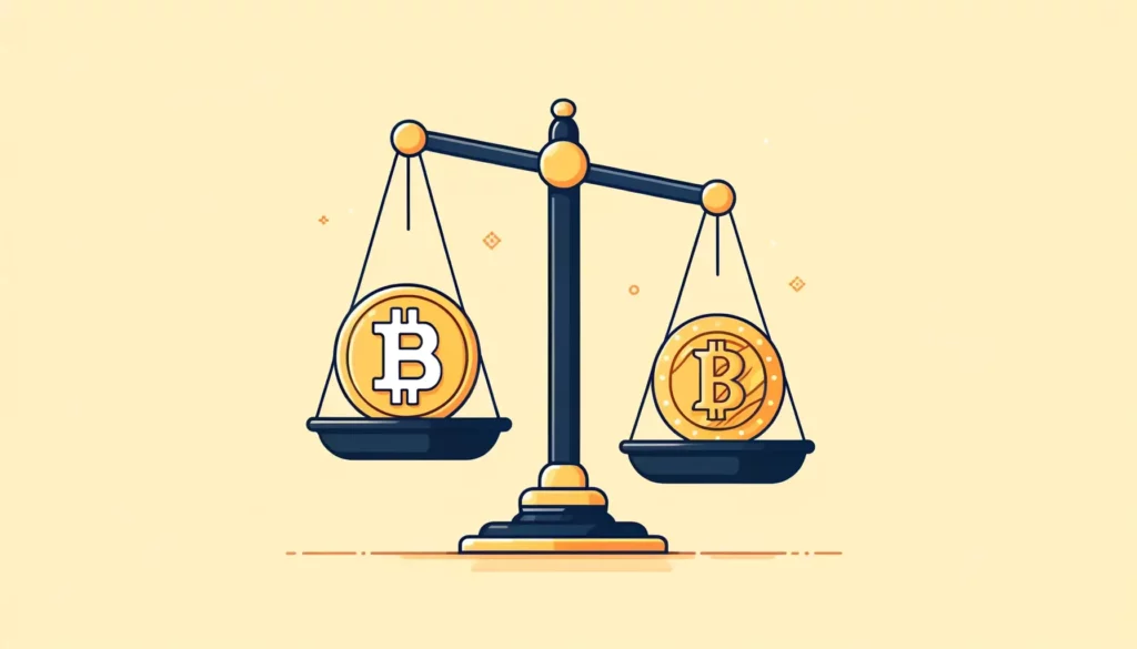 Minimalist scale balancing Bitcoin and traditional gold coin.