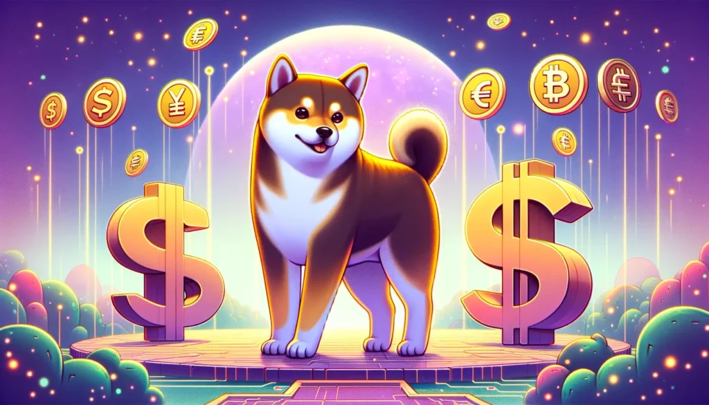 Giant Shiba Inu dog interacting with dollar, euro, and yen signs in a digital landscape