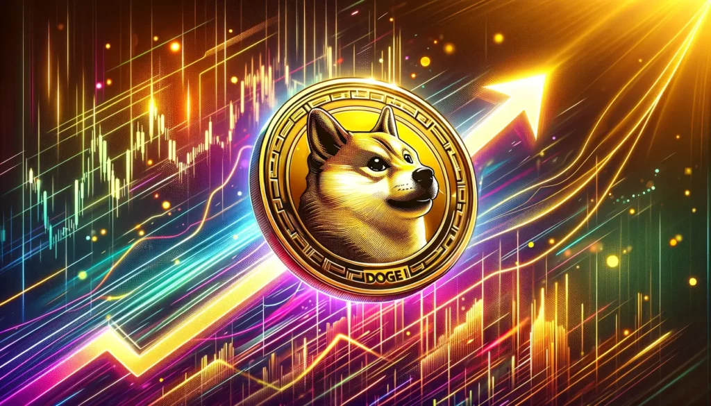 Golden Shiba Inu coin soaring against a colorful digital backdrop, symbolizing a potential market rally
