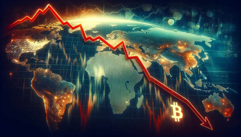 Bitcoin value drop amidst geopolitical tension illustrated in digital art