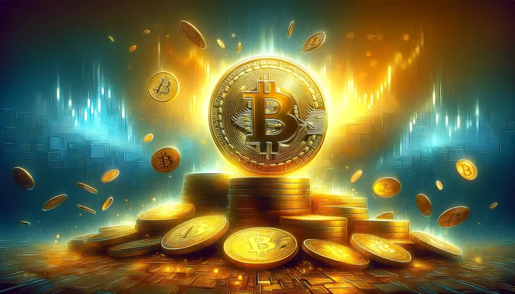Golden Bitcoin Cash coin rising among declining cryptocurrencies impressionist style