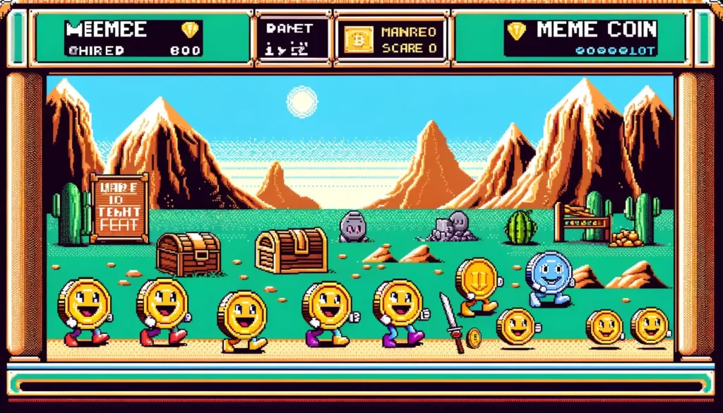 Retro pixel art video game scene with meme coin characters, evoking nostalgia and adventure in cryptocurrency.