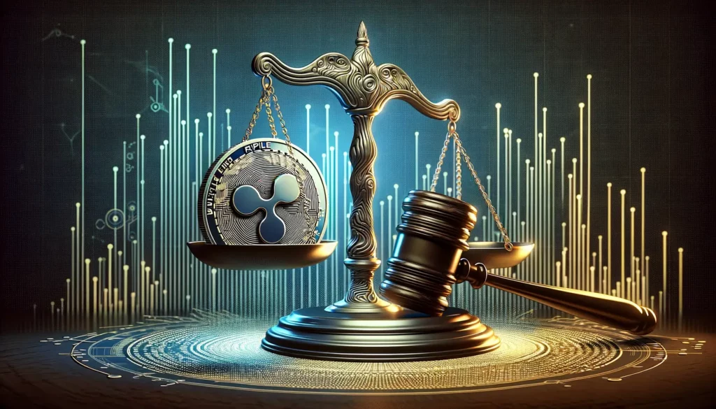 Stylized digital scale with Ripple coin and gavel depicting legal balance in Ripple vs. SEC trial