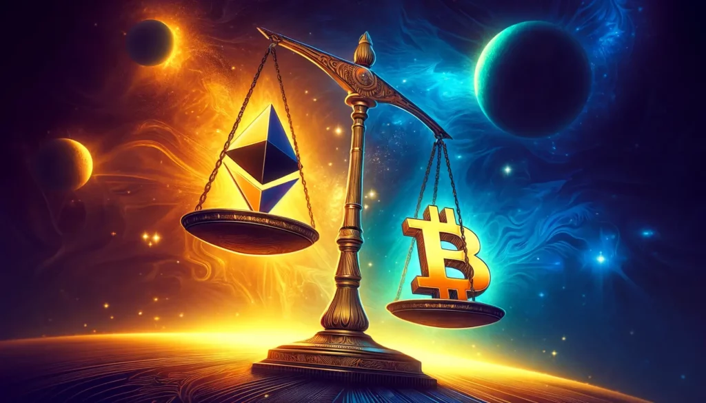 Stylized digital art depicting a balance scale with Ethereum and Bitcoin ETF.
