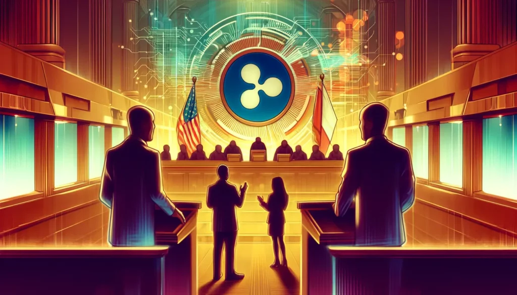 Abstract courtroom scene of Ripple vs. SEC with futuristic elements