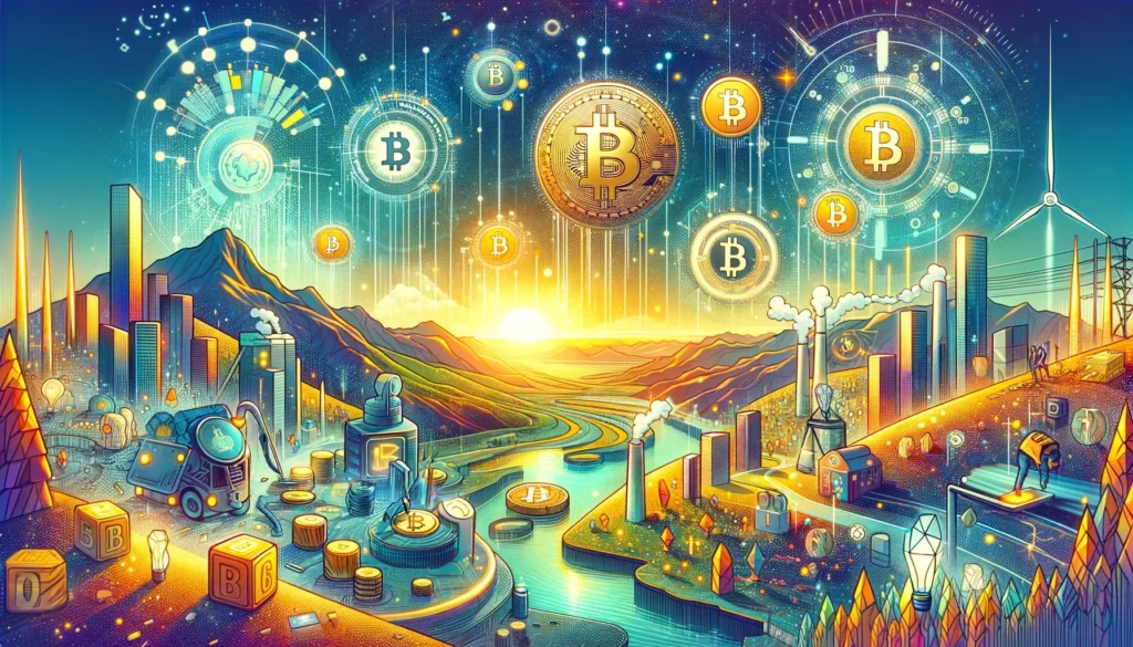 Futuristic visualization of the cryptocurrency market's potential upturn following Bitcoin's halving event.