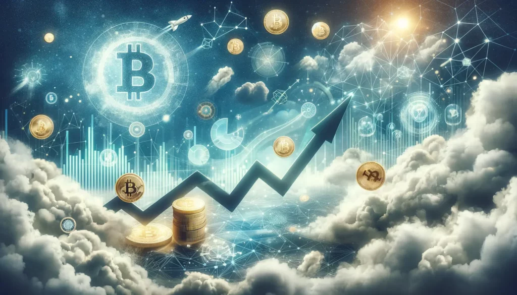 Imaginative graph ascending through clouds symbolizing cryptocurrency investment growth