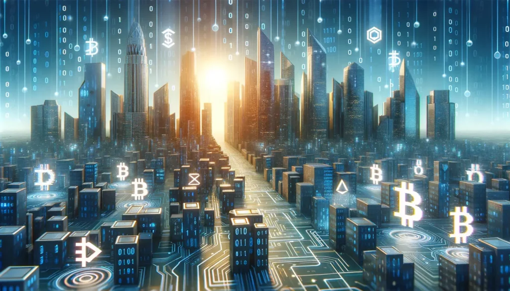 Futuristic cityscape with digital finance themes