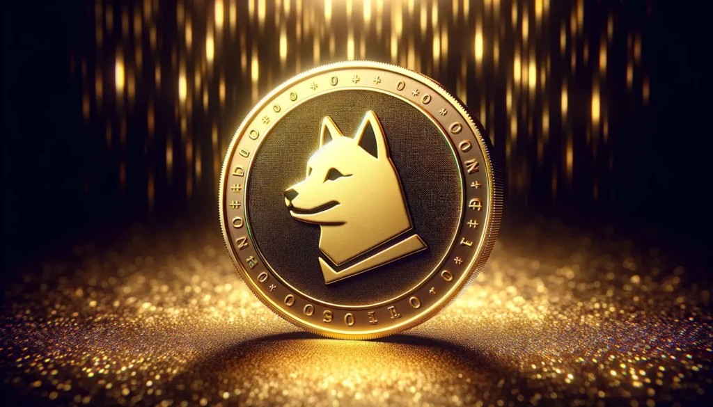 Illustration of gleaming gold Dogwifhat coin showing price surge.