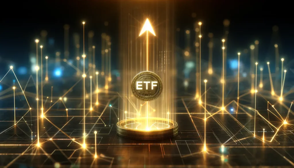 Minimalist digital landscape symbolizing decentralized ETF network with golden coin