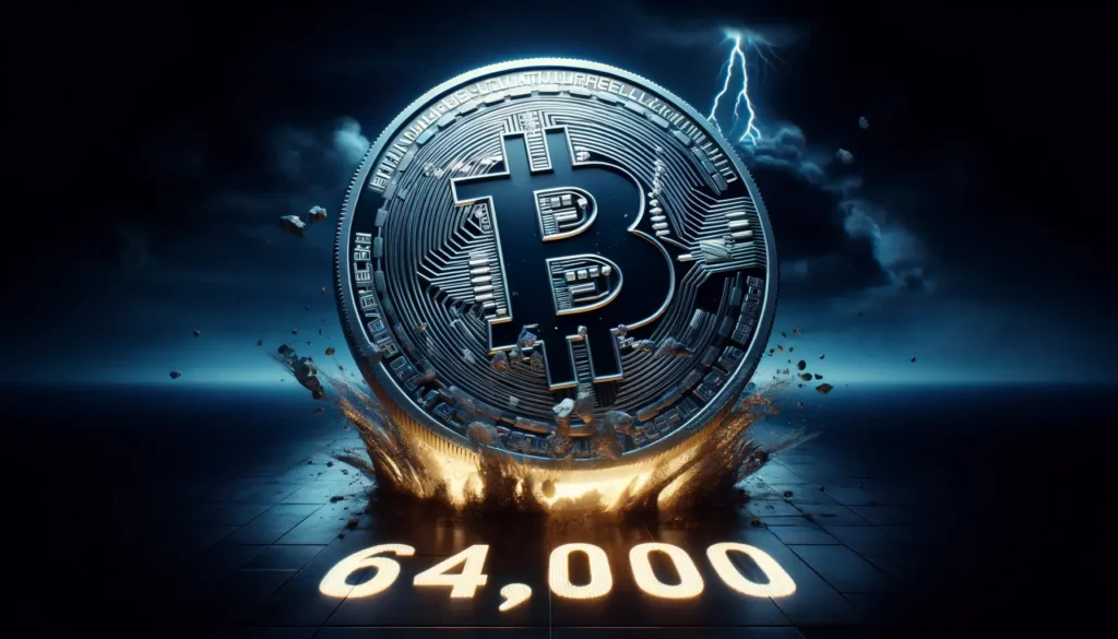 Digital illustration of a glowing Bitcoin symbol crashing through the '64,000' mark on a stormy background, depicting the cryptocurrency's dramatic price drop.