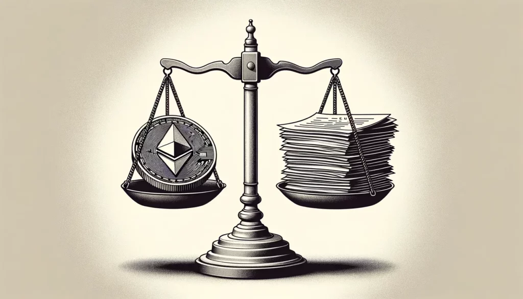 Minimalist scales balancing Ethereum coin and legal documents.